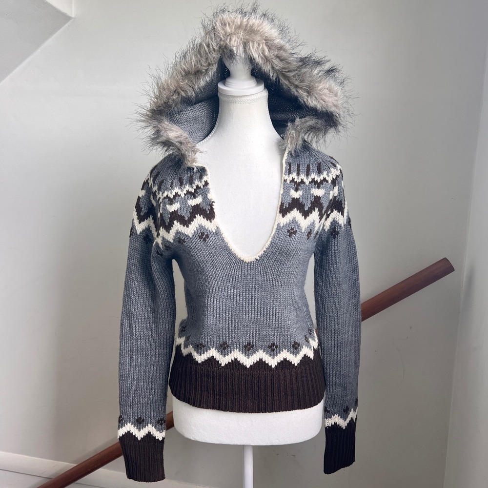 Vintage 90s Energie Fair Isle Faux Fur Hooded Sweater Grey Y2K Gorpcore Preppy - Picture 1 of 10